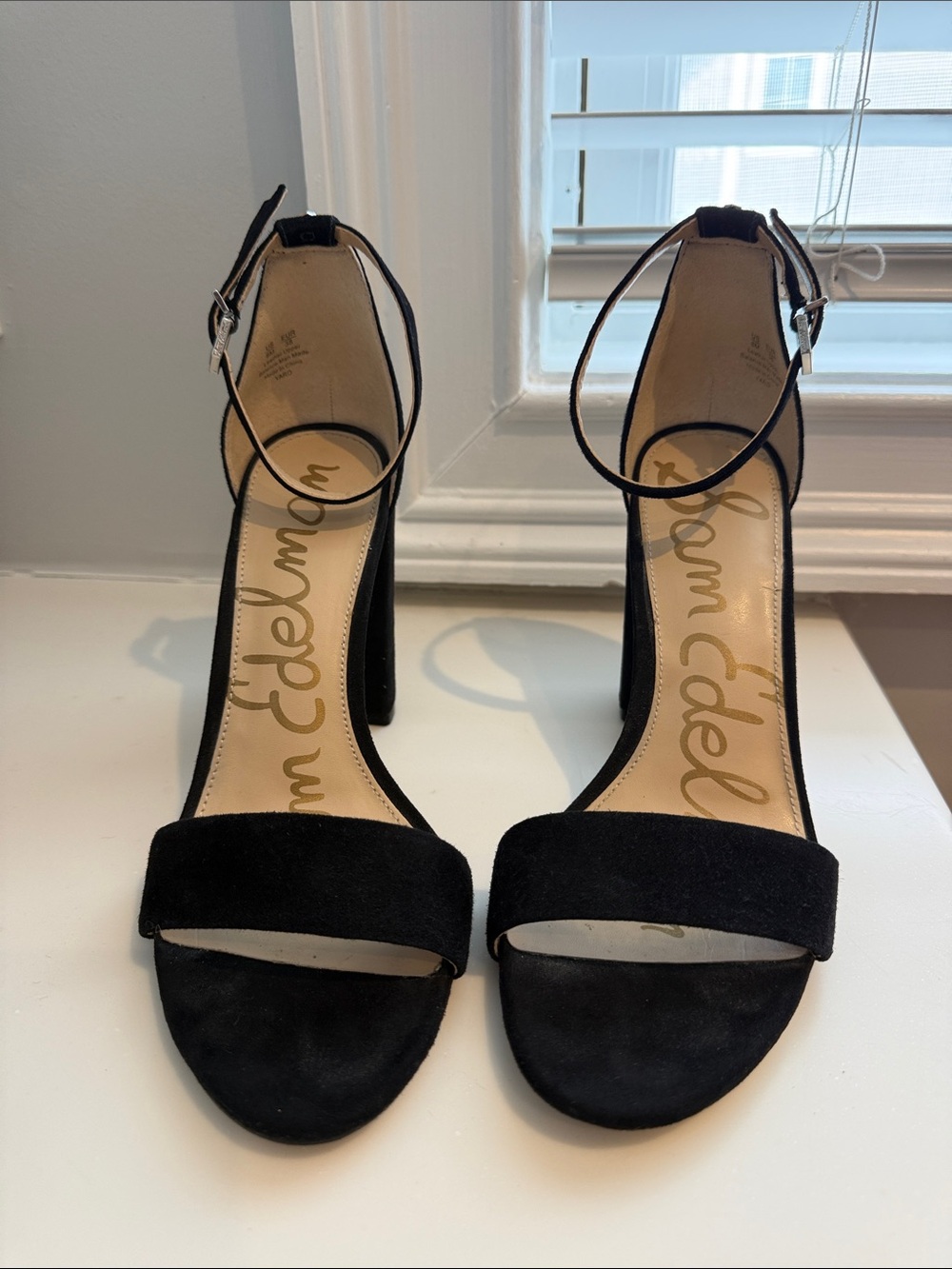 Sam Edelman Black Suede Open-Toe Ankle-Strap Block Heels